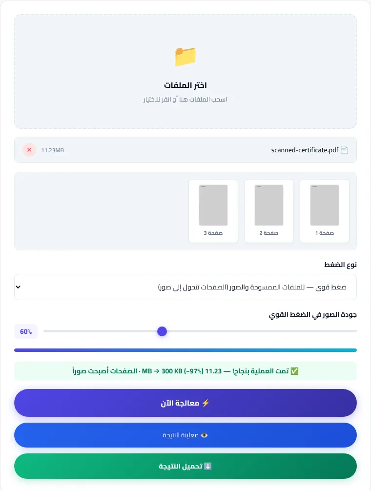 أداة ضغط PDF تعرض الحجم قبل الضغط وبعده