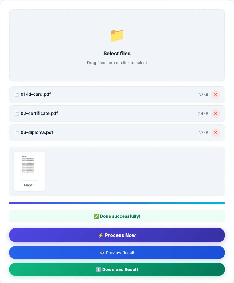 Merge PDF tool with three files added and the download button shown