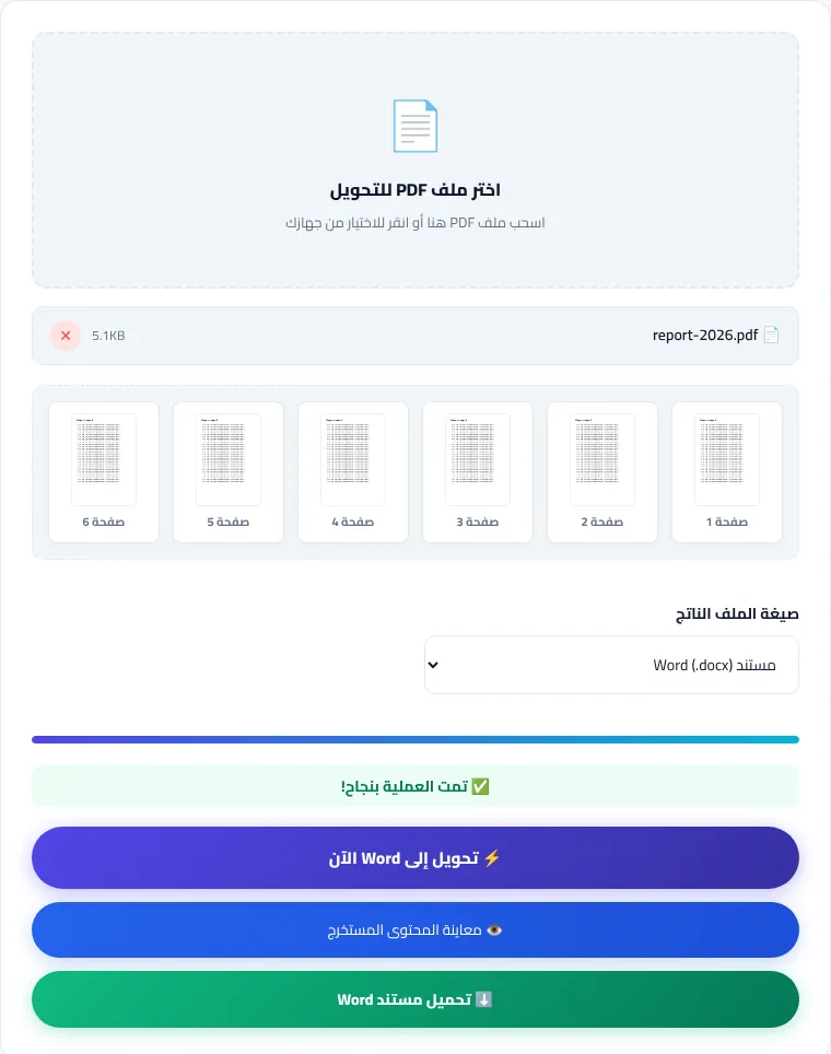 أداة تحويل PDF إلى Word مع اختيار صيغة الملف