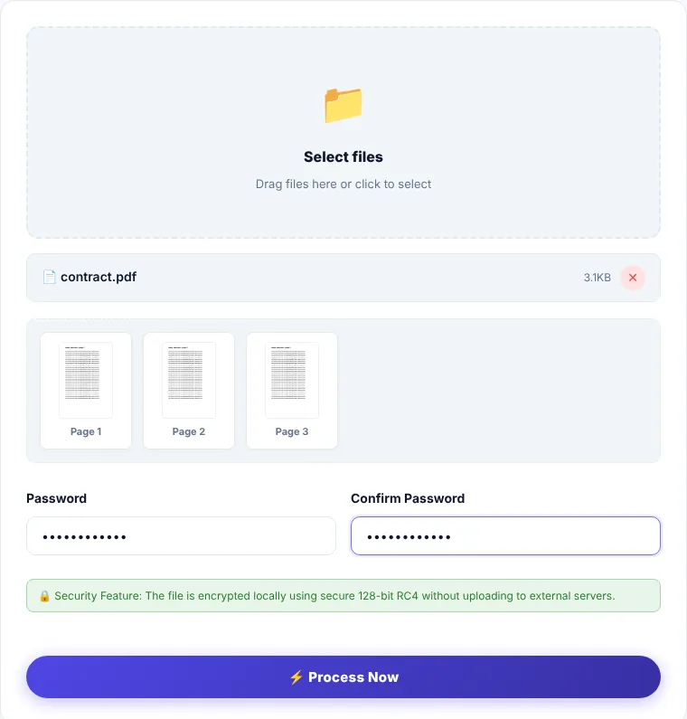 Protect PDF tool with password and confirmation fields