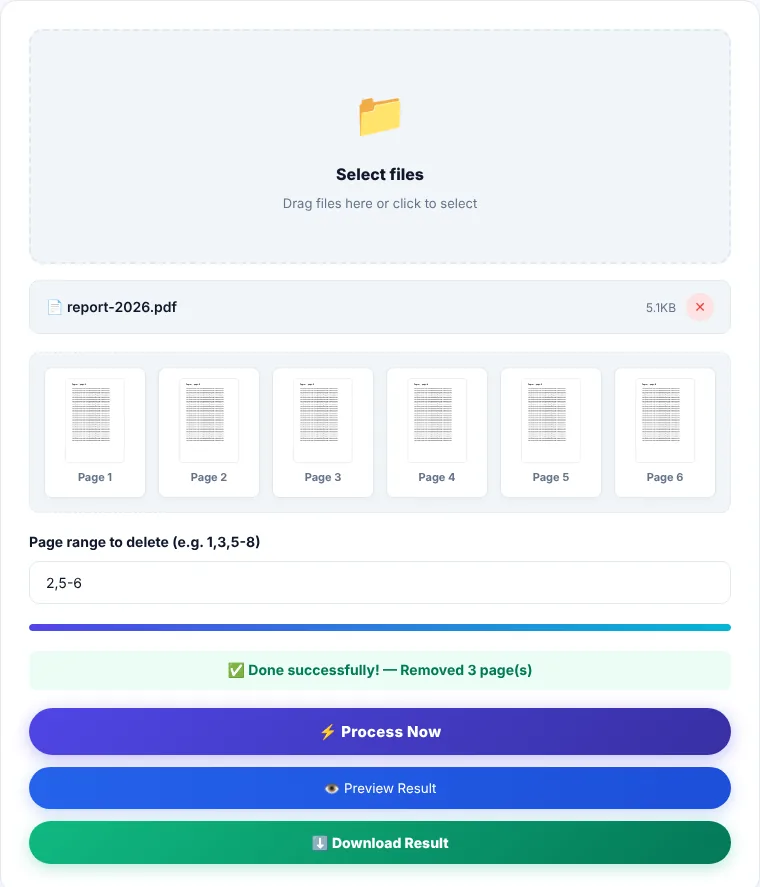 Remove Pages tool with the page range field