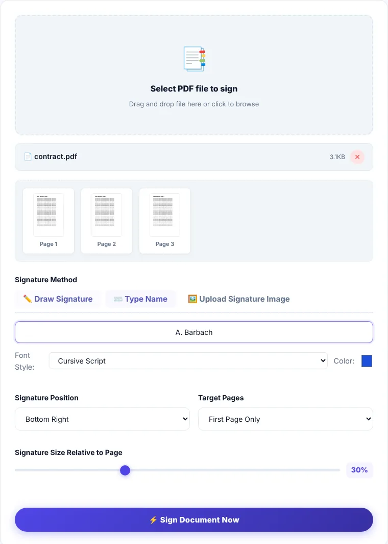 Sign PDF tool with position and page options