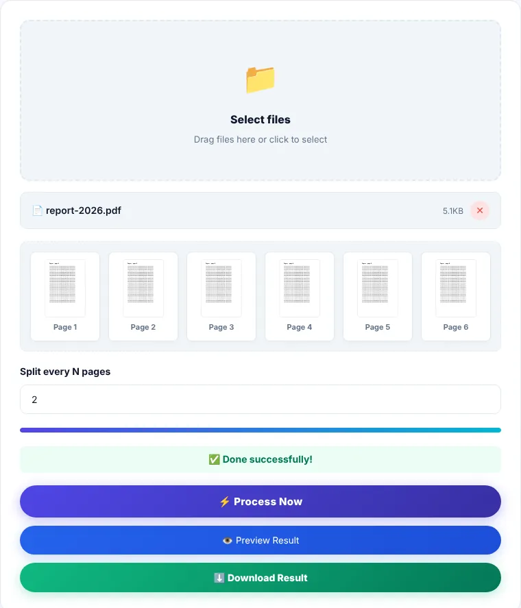 Split PDF tool with the pages-per-part field