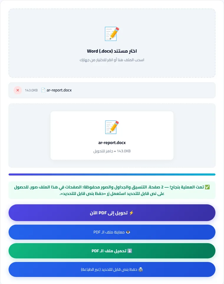 أداة تحويل Word إلى PDF بعد تحويل تقرير عربي من صفحتين